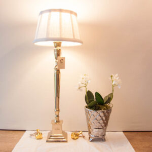 Lene Bjerre - Tischlampe aus der Carmina Lighting Collection gold, mit 2 soft Leinen Schirmen weiss+shadow