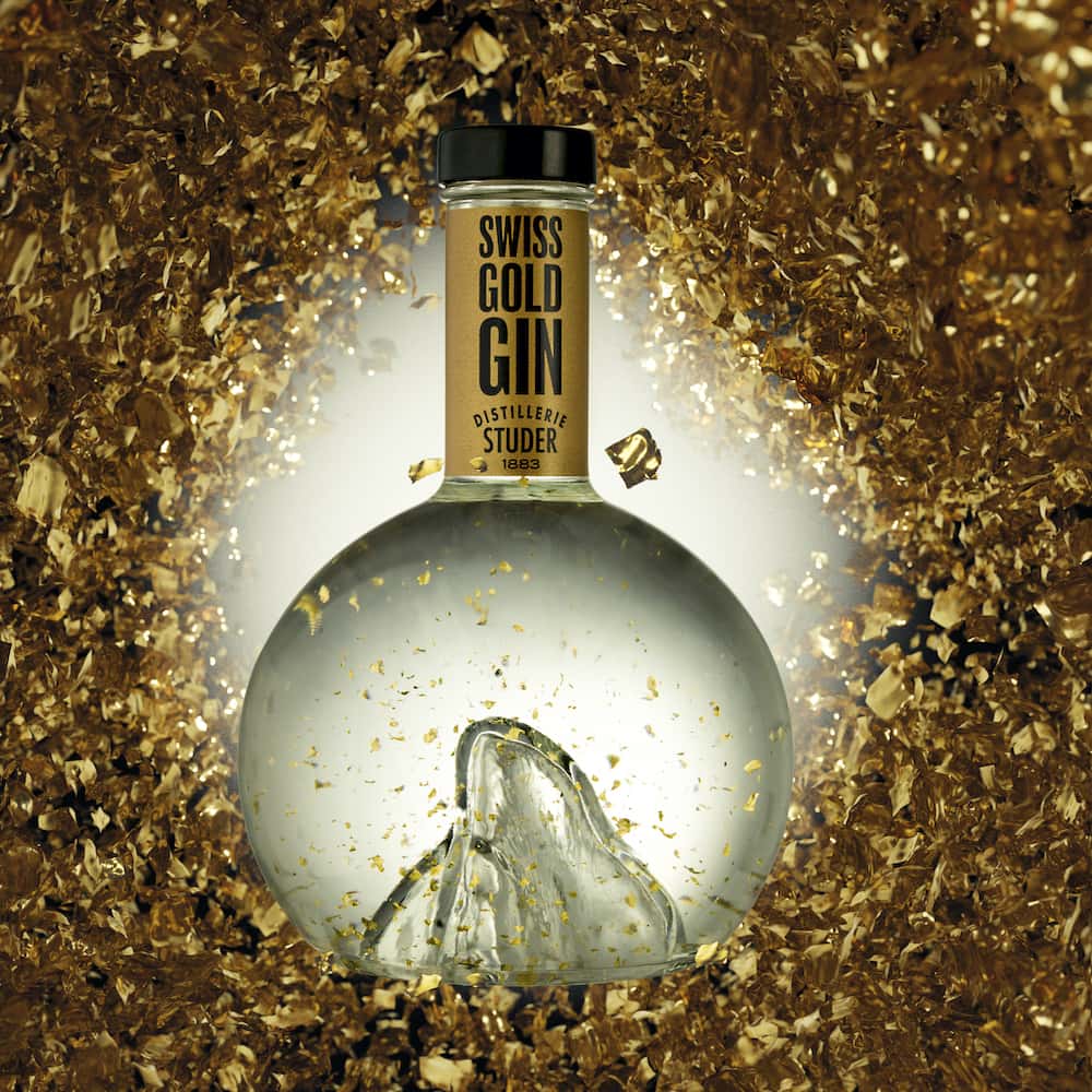 Studer Distillerie - Swiss Gold Gin mit 24 Karat Gold-Flitter - Goldverzierung